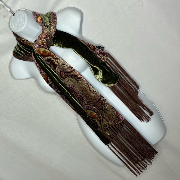 Ellen Tracy Accessories - Ellen Tracy Velvet Paisley Fringe Scarf in Olive Green & Brown